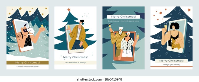 Vector illustration of christmas postcards with stylish men women and couple in trendy hygge colors on smartphone screens celebrating winter holidays remotely and safely in covid reality of lockdown.