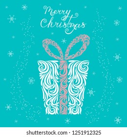 Vector illustration of a Christmas present in a festive box in white, blue and pink colors. Stylized gift wrap. Ornament. Tattoo. Lettering Merry Christmas. New Year card.