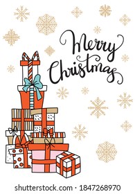 Vector illustration with Christmas presents boxes and snowflakes isolated on white background. Lettering Merry Christmas. For greeting, invitation, stickers, decor, design, congratulation cards, print