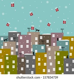 vector illustration with christmas presents falling on the abstract city