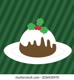 Ilustración vectorial del pudín de Navidad con fondo de rayas verdes