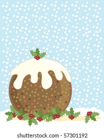 vector illustration of a christmas pudding with holly and snowy background