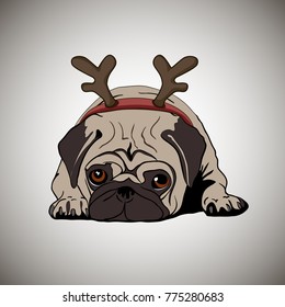 Vector illustration. Christmas Pug Dog with Deer Horns. Greeting Card. Year of the Dog.