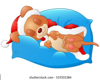 Vector illustration of Christmas puppy sleeping on the pillow