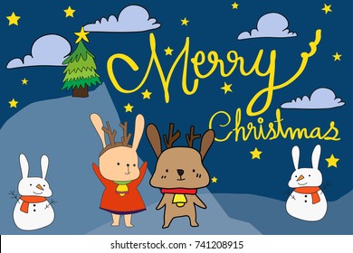 Vector illustration Christmas Rabbit, Snow Rabbit, Hand Drawn Doll. Winter stars in the sky cute about children.