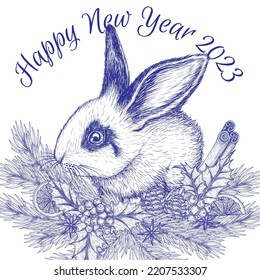 Vector illustration of a Christmas rabbit symbol of 2023 on fir branches in engraving style