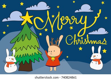 Vector illustration Christmas Rabbit wearing a Malabar Snow Rabbit Hand Drawn Doll
Winter stars in the sky cute about children.
