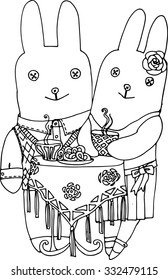 Vector illustration of christmas rabbits, drinking tea. Black inc, hand drawing.