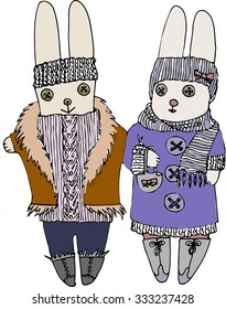 Vector illustration of christmas rabbits on the walk. Color inc, hand drawing.