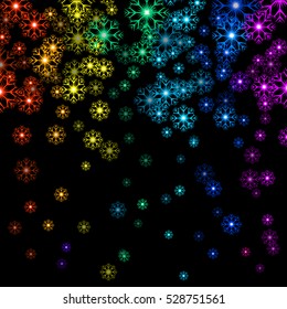 Vector illustration Christmas rainbow snowflakes on black background. Starfall