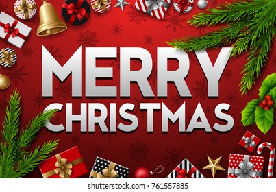 Vector illustration of Christmas red background with fir tree and presents