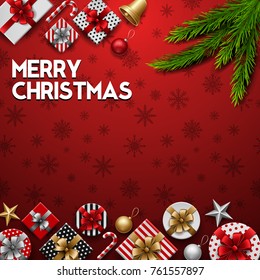 Vector illustration of Christmas red background with gift boxes and fir branches