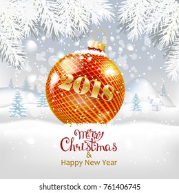 Vector illustration of a christmas red ball in the snow and winter landscape.