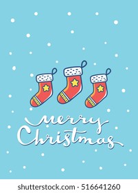 Vector illustration of christmas red color socks with handwritten text merry christmas on blue background with snow. Hand draw flat stylized design for web, site, banner, poster, print, greeting card