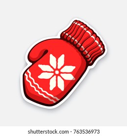 Vector illustration. Christmas red mitten with snowflake pattern. Winter wool glove for cold weather. New year decoration. Sticker in cartoon style with contour. Isolated on white background