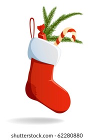 Vector illustration. Christmas red patched sock stuffed with candy and pine branch