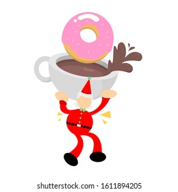 vector illustration christmas red santa and eat doughnut drink coffee beverage flat design cartoon style