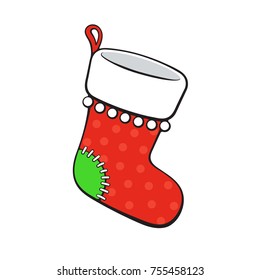 Vector illustration. Christmas red sock for gifts. Tradition New Year accessory for presents. Cartoon with contour. Isolated on white background. Decoration for prints, greeting cards, wallpapers