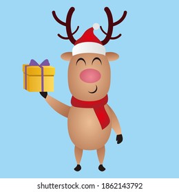 Vector Illustration of Christmas reindeer brings gifts, Christmas cartoon deer, (moose), merry christmas, vector illustration