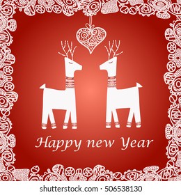vector illustration of a Christmas reindeer on a red background. Heart, love.