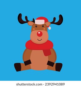 The vector illustration of a Christmas reindeer sitting, wearing a scarf, and Santa Claus hat