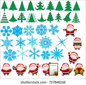A vector illustration of Christmas related topic set , containing several vector of Santa , several Ice flakes vectors , and random tree vectors
