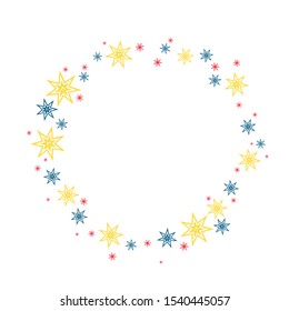 Vector illustration of Christmas round frame with stars. Isolated frame with white background for postcards, invitations, poster print. 