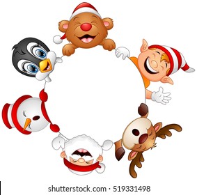Vector illustration of Christmas round frame with Santa, elf, snowman, reindeer, bear and penguin