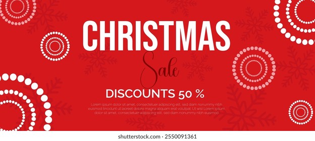 A Vector illustration of a Christmas sale banner featuring bold text and decorative snowflakes on a vibrant red background, promoting holiday discounts