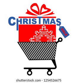 Vector illustration for Christmas sale. Discount sticker or banner design. Shopping trolley with red present box in it. Christmas shopping background. 