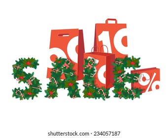 Vector illustration Christmas Sale festive wreath letters with paper present bags