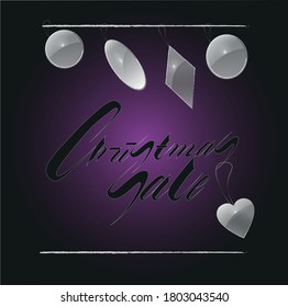 Ilustración vectorial del tema de la venta navideña (mi fuente personal Rock) decorada con juguetes incoloros tipo hielo sobre fondo negro con gradiente púrpura