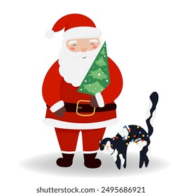 Vector illustration of Christmas. Santa Claus with Cat, Christmas tree in flat style, isolated for holiday designs of banner, cover, advertisement, greeting card. Concept of Christmas and New Year