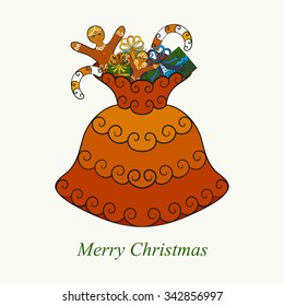 Vector illustration of Christmas Santa Claus bag with gifts, candy canes and gingerbread men.