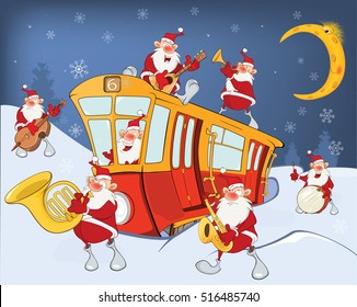 Vector Illustration of a Christmas Santa Claus, Music Band and a Red Tram