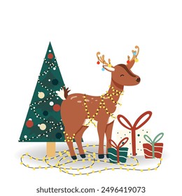 Vector illustration of Christmas. Santa's Reindeer with gift, Christmas tree in flat style, isolated for holiday designs banner, cover, advertisement, greeting card. Concept of Christmas and New Year