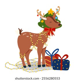 Vector illustration of Christmas. Santa's Reindeer with gift, Christmas tree in flat style, isolated for holiday designs banner, cover, advertisement, greeting card. Concept of Christmas and New Year