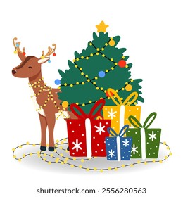 Vector illustration of Christmas. Santa's Reindeer with gift, Christmas tree in flat style, isolated for holiday designs banner, cover, advertisement, greeting card. Concept of Christmas and New Year