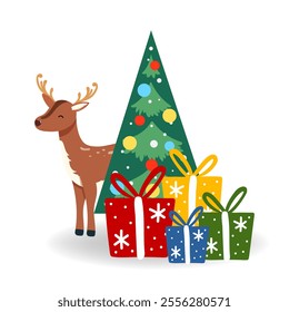 Vector illustration of Christmas. Santa's Reindeer with gift, Christmas tree in flat style, isolated for holiday designs banner, cover, advertisement, greeting card. Concept of Christmas and New Year