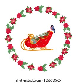 Vector illustration of Christmas Santa's sleigh with a Christmas tree and gifts. Template for postcard, logo, poster, album, web design.
