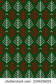 Vector illustration Christmas Scandinavian flat style white, red and green knitted seamless pattern with Christmas trees