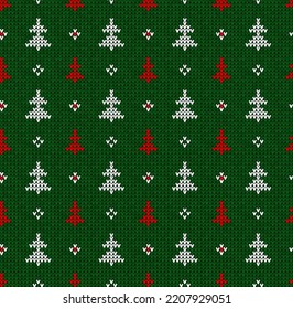 Vector illustration Christmas Scandinavian flat style white, red and green knitted seamless pattern with Christmas trees