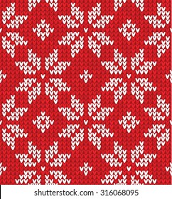 Vector illustration  Christmas Scandinavian flat style red knitted seamless pattern with snowflakes