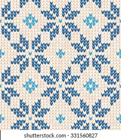Vector illustration Christmas Scandinavian flat style white and blue knitted seamless pattern with snowflakes