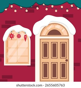 Vector illustration of a Christmas scene with a red brick wall on which a window and a door are located. There is snow above the window and the door, and three red 