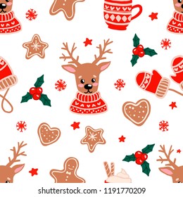 Vector illustration. Christmas seamless pattern. Pattern for print design. Christmas background.  Vector Scandinavian print for textiles with animals in a sweater. Christmas print. 