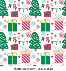 Vector illustration. Christmas seamless vector pattern with Christmas tree, gifts, snowflakes, holiday flags, Christmas decorations