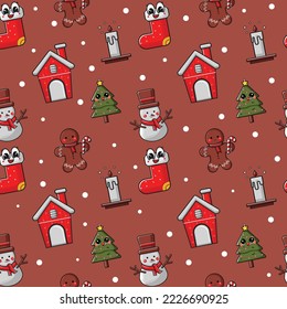 Vector illustration Christmas seamless pattern. snow On a pastel background. house, snow, Christmas tree and winter, 
christmas biscuits. can use greeting cards, hangtags, activity posts