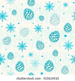 Vector illustration of christmas seamless pattern with pinecone, snowflake and retro striped texture. Old magic winter background in vintage style