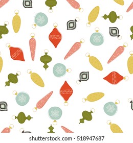 Vector illustration of Christmas seamless pattern. Different christmas tree toys on white background. Retro style.